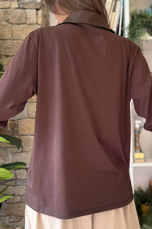Essential Body Stretch Cotton Collar & Cuff Shirt Chocolate /50 pre order 1 week 